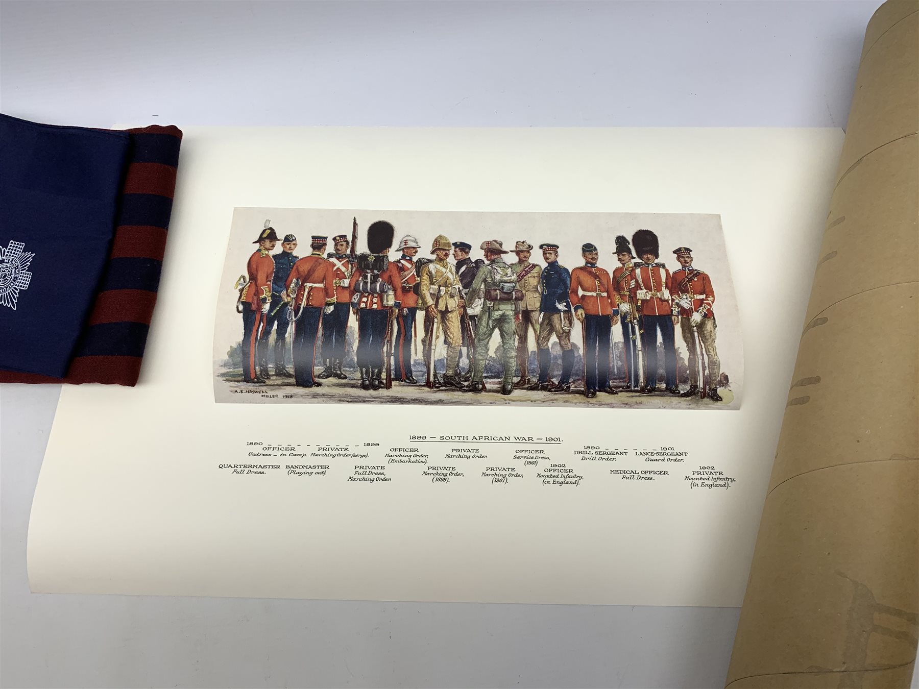 Scots Guards - set of five unframed annotated colour prints depicting the history of their uniform 1899 - 1958, each 20 x 36cm; together with regimental pullover, scarf, tie, shawl, double breasted blazer with Staybrite buttons and trousers