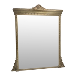  Large early 20th century gilt wood and gesso overmantle mirror, the pediment moulded with anthemion and scrolled foliate, lunette and egg and dart decorated frame, 188cm x 215cm  