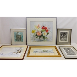  Still Life of Flowers, watercolour, Sheep in a Rural Landscape, watercolour, two prints after Audrey Beardsley, Cat Portrait, etching and a collection of watercolour and print max 44cm x 49cm (qty)  