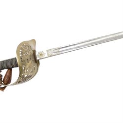 George V British infantry officers sword, made by Rob Mole & Sons Birmingham, the 82cm etched blade with makers mark 'Robert Mole & Sons Makers to the The War & India Offices', with brass inset proof mark, numbered M6855 on spine, the full guard with pierced scrolling decoration and George V cypher, shagreen covered grip with silver wires, with leather sword knot attached, in steel scabbard with suspension rings, overall L100cm