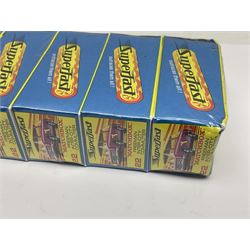 Matchbox 1-75 Series 'Superfast' ex-shop stock - unopened pack of six 22d Freeman Intercity Commuter models; and three others comprising 45c Ford Group 6, 56c BMC 1800 Pinafarina and 65d Saab Sonnet III; all boxed (9)