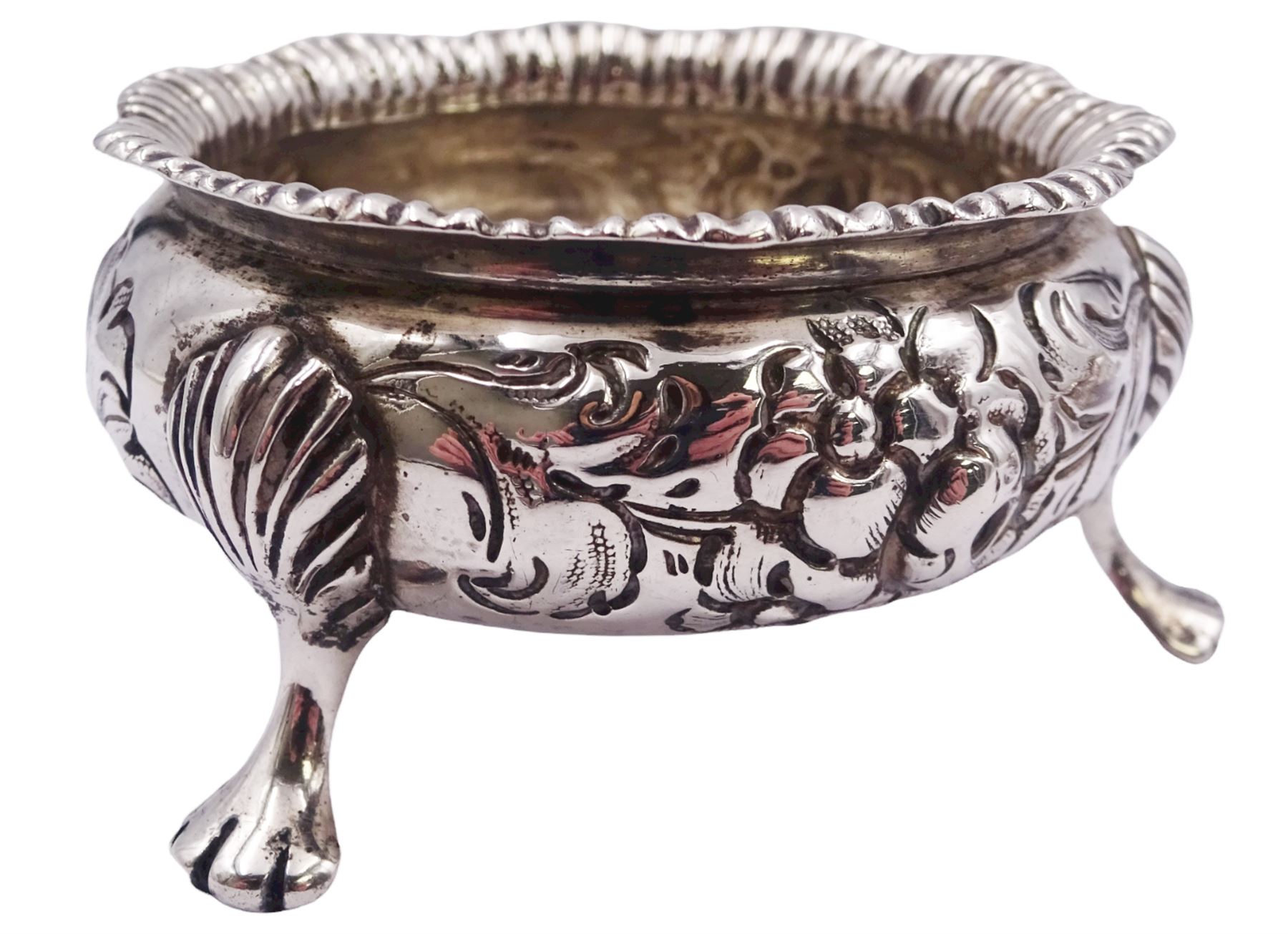Pair of Victorian silver open salts, each of cauldron form with gadrooned rims and embossed flower heads to body, upon three paw feet, hallmarked Charles Stuart Harris, London 1892, approximate weight 3.05 ozt (95 grams)