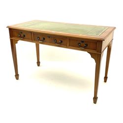 Georgian style yew wood writing desk, inset leather writing surface, three frieze drawers