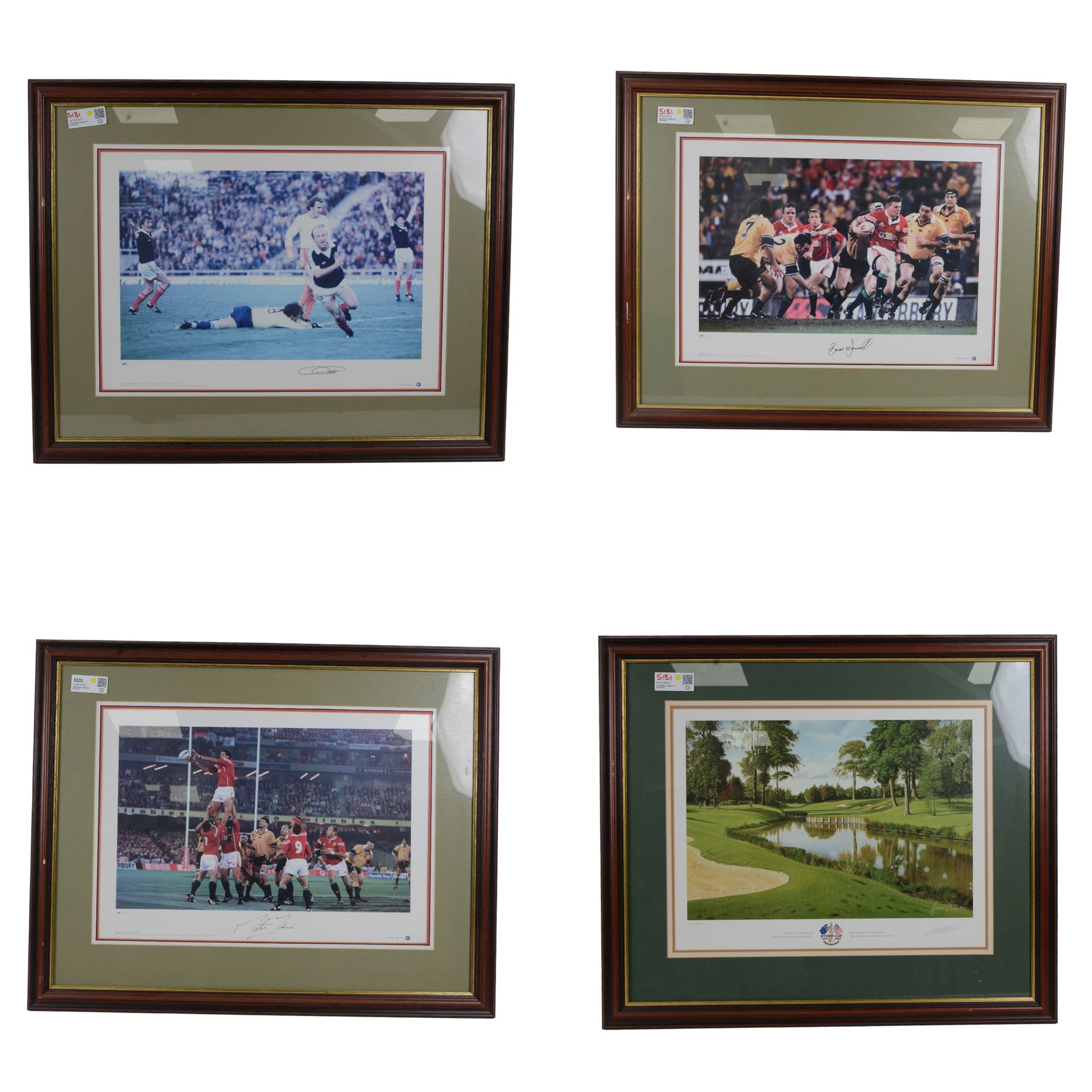 Two limited edition Brian Carney and Martin Johnson signed prints, together with a signed football print and a Ryder Cup print, all framed, frames H65 x W81cm
