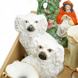 Pair of Staffordshire spaniel ornaments, Red Riding Hood spill vase, pair of Japanese vases and other items in two boxes