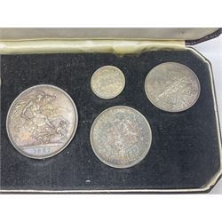Queen Victoria 1887 silver coin set, comprising threepence, sixpence, shilling, one florin, double florin with Arabic 1 in date, halfcrown and crown, housed in a modern case
