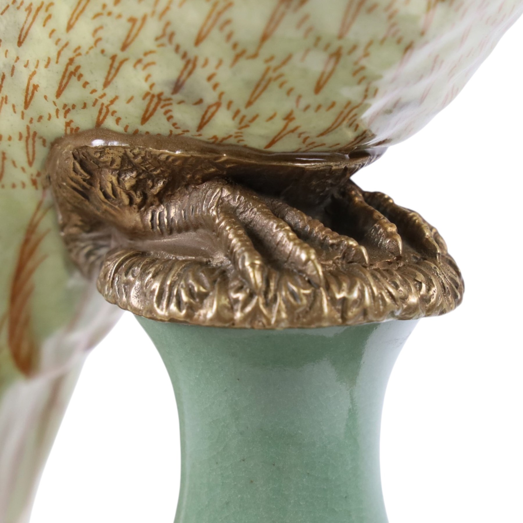 Pair candlesticks, modelled as parrots, upon urn shaped mounts with gilt detail, H48cm