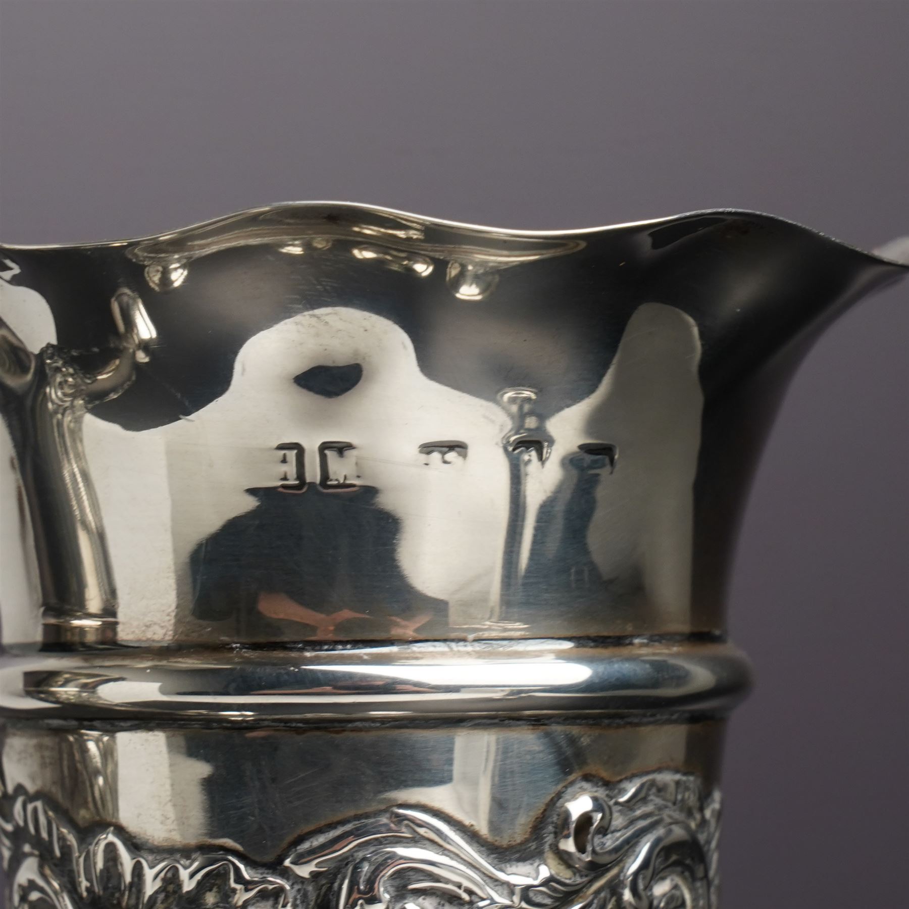 Pair of embossed silver trumpet shape vases H21cms marks rubbed but maker Henry Matthews and another pair of plain vases H15cm Sheffield 1913 Maker Lee & Wigfull