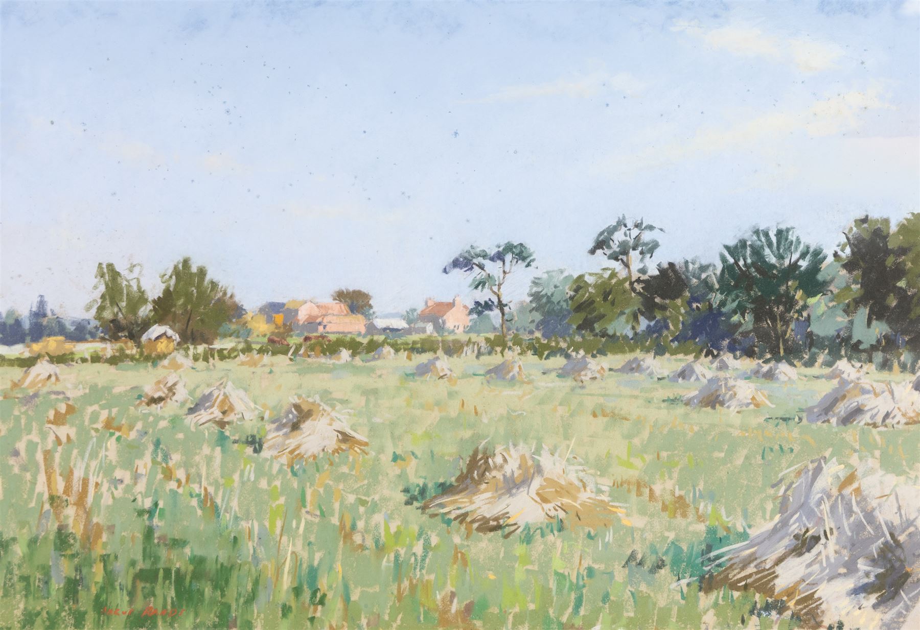 Angus Bernard Rands (British 1922-1985): Village Haystacks and Trees, three pastels signed, largest 44cm x 70cm (3)