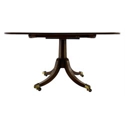 Regency period mahogany breakfast table, the rounded rectangular top with edge mould and rosewood band, on tapered octagonal column, four splayed supports with rosewood crossbanding terminating at ornate shell cast brass cups and castors, the top platform stamped ‘Wilkinson Ludgate Hill, 8857’