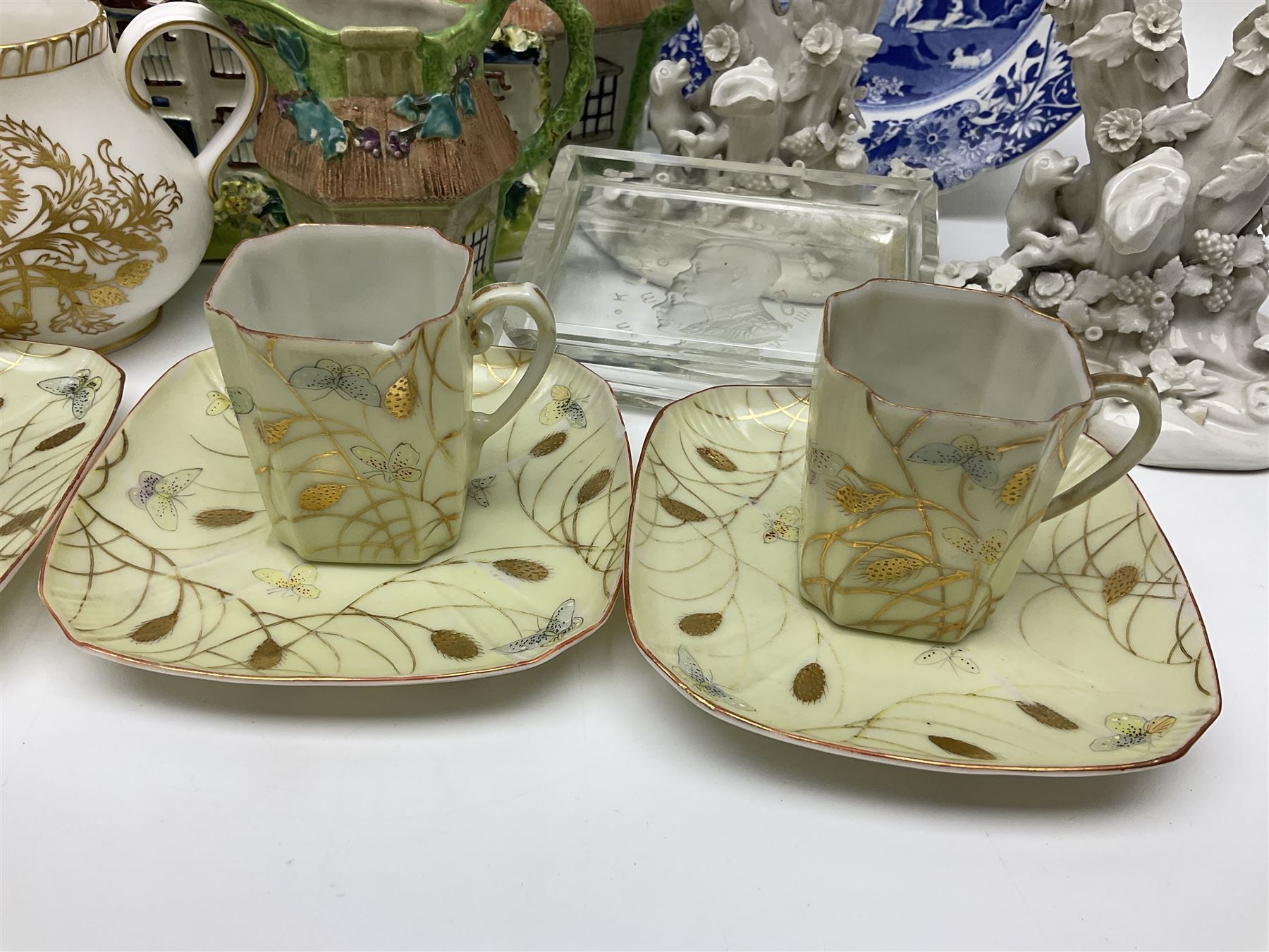 Royal Crown Derby Brocade pattern jug and sugar bowl, together with a similar gilt floral pattern bowl, three graduating Staffordshire style pearlware cottage jugs, Leeds Pottery model cottage and other ceramics and glassware, etc