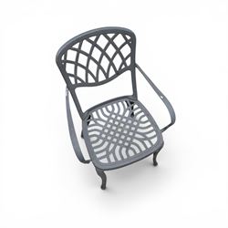 Circular cast aluminium garden table and pair of armchairs chairs with lattice backs in a dark grey finish
