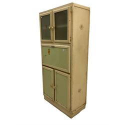 Mid 20th century painted kitchen cabinet, double cupboard over fall front, double cupboard below