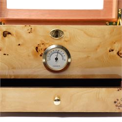 Modern burr wood  humidor, the hinged lid inset with a glass panel, recessed side handles and single drawer 35cm x 25cm x 18cm