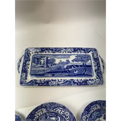 Spode Italian pattern tea service, comprising teapot, milk jug, open sucrier, six cups and saucers, two coffee cans and saucers, six dessert plates, four mugs and a sandwich plate (30) 