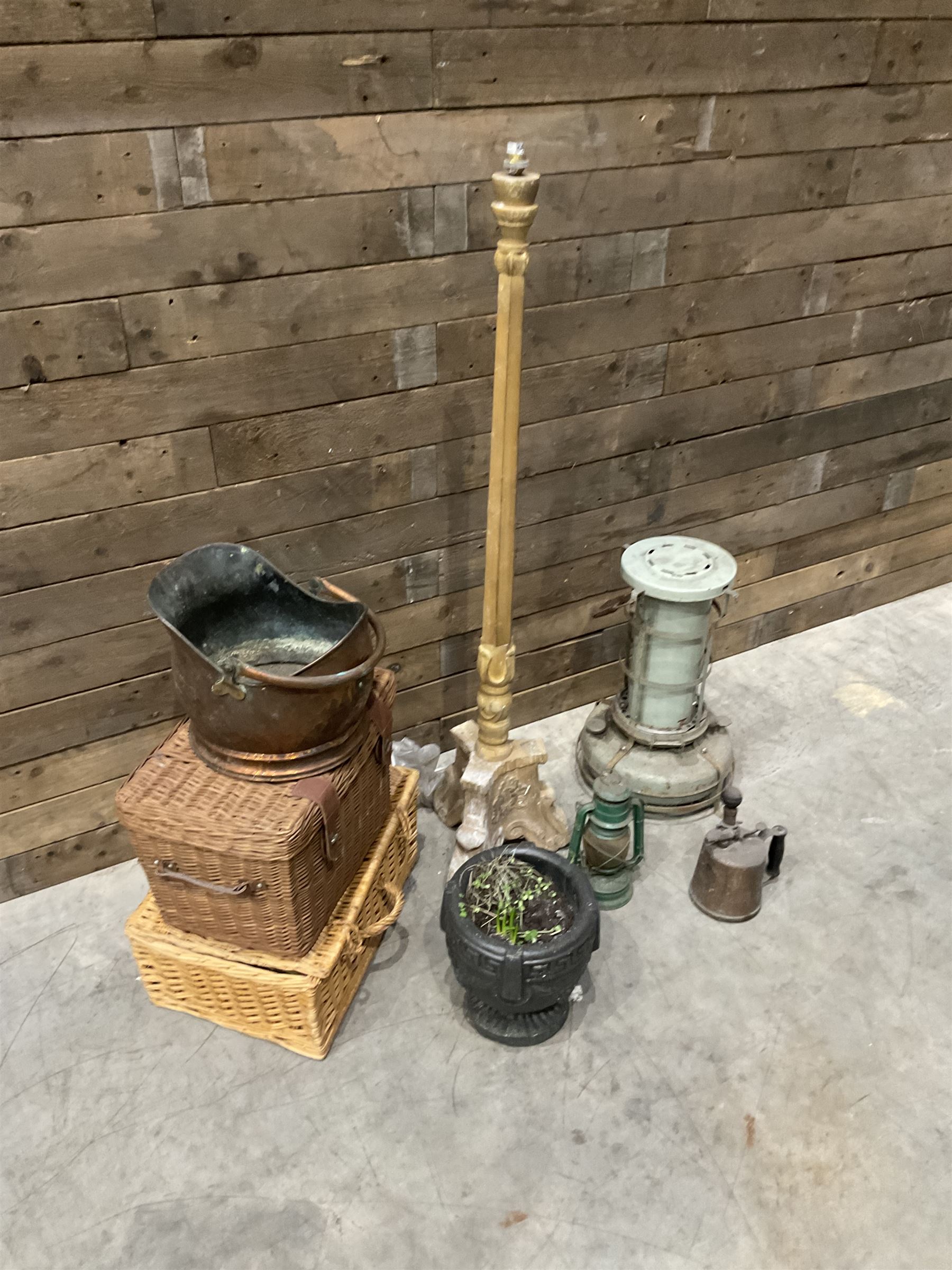 Aladdin paraffin lamp, lamp and burner, coal scuttle, painted standard lamp, stone mortar planter and two wicker baskets
