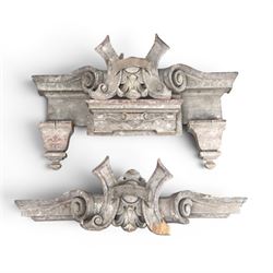 Two 19th century painted pine architectural pediments, one mostly compete with cappings