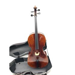 Alfred Stingl by Hofner cello, model AS-360 with 75.5cm two-piece maple back and ribs and spruce top, bears label with serial no.JO411-0706, L122cm; in carbon-fibre carrying case with bow