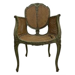 19th century French Louis XV-design armchair, carved and painted wood frame, caned back and seat with scrolled arms, supported by cabriole supports with acanthus leaf decoration