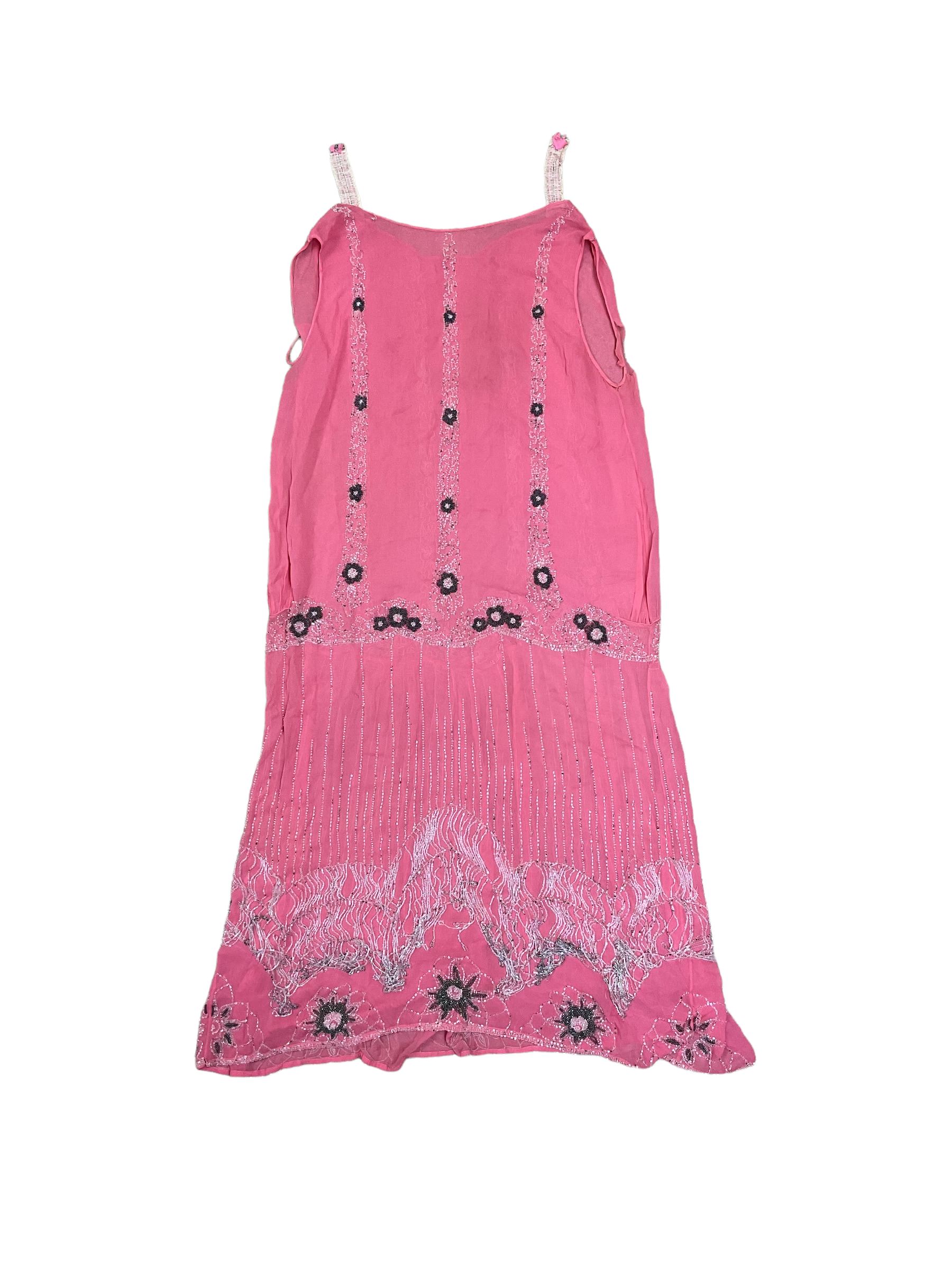 Art Deco pink flapper type beaded dress, with floral motifs and tasselled clear and black beadwork throughout