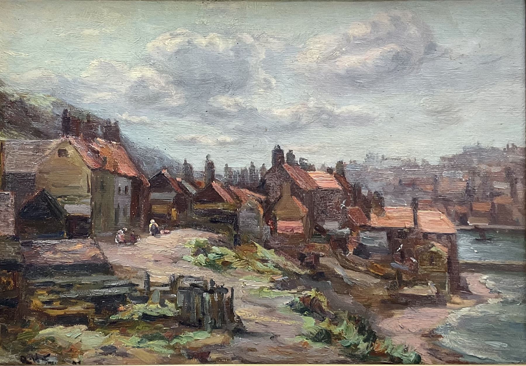 Augustus William Enness (British 1876-1948): Henrietta Street East Cliff Whitby and Driving Sheep on a North Yorks Moorland Track, pair oils on canvas one signed the other signed with initials 24cm x 34cm (2)