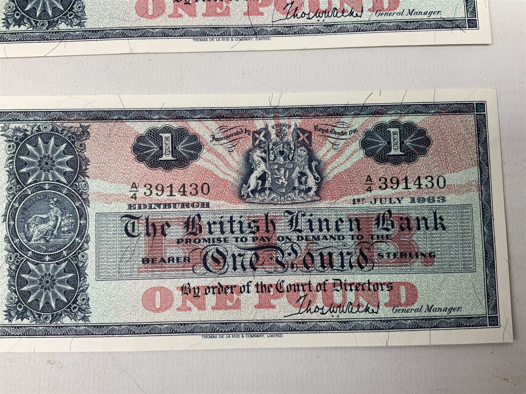 Four The British Linen Bank one pound notes, all 1st July 1963 A/4, '391430', '391431', '391432' and '391433'
