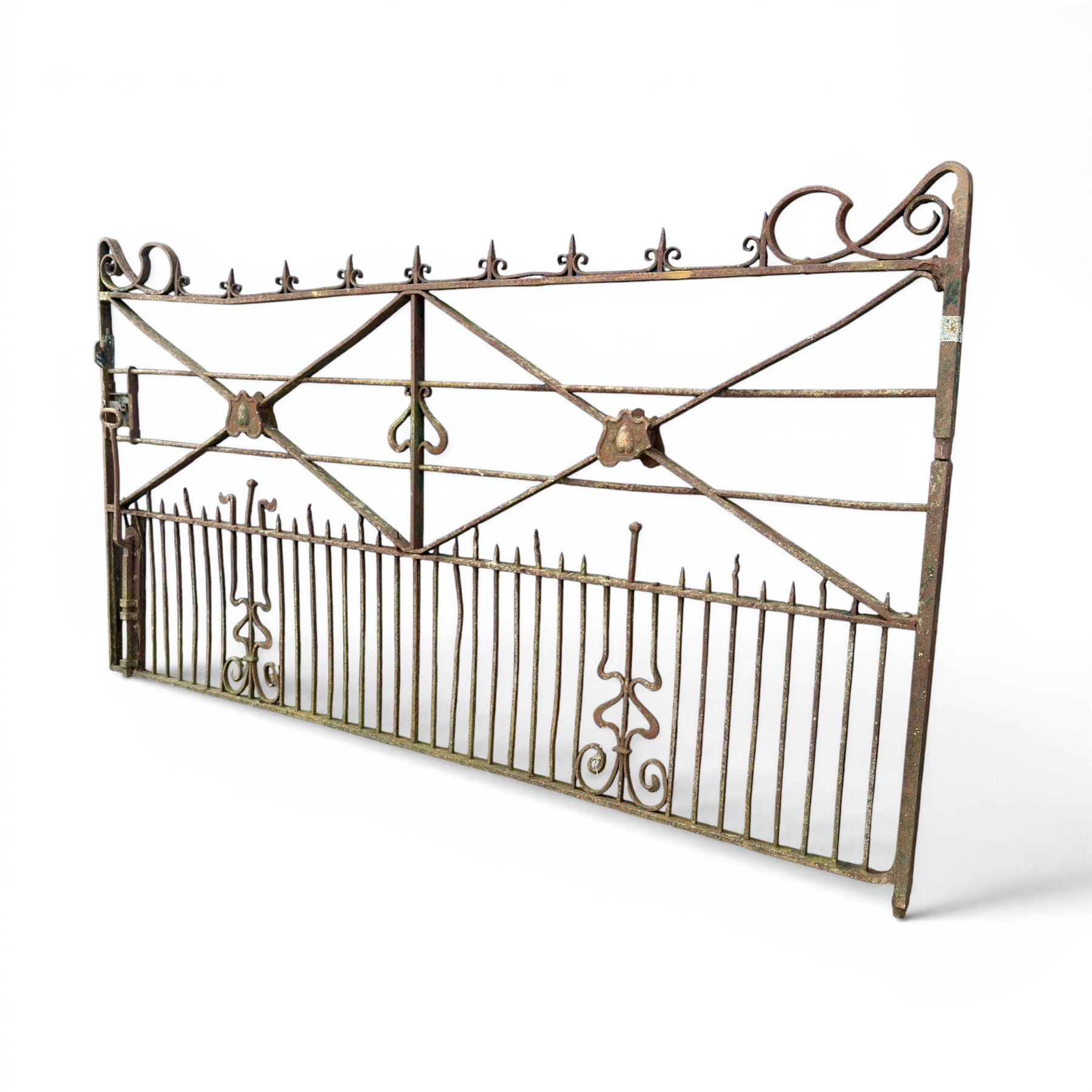 Impressive 19th century 9' wrought iron Country House gate, bar form with close rail base, X framed with central crests, scroll and spike top
