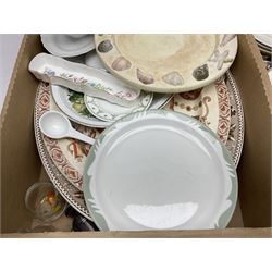 Four large meat platters, Royal Worcester Bunnykins mug and a large collection of other ceramics, including vases, dinner plates, teawares, etc, in five boxes 