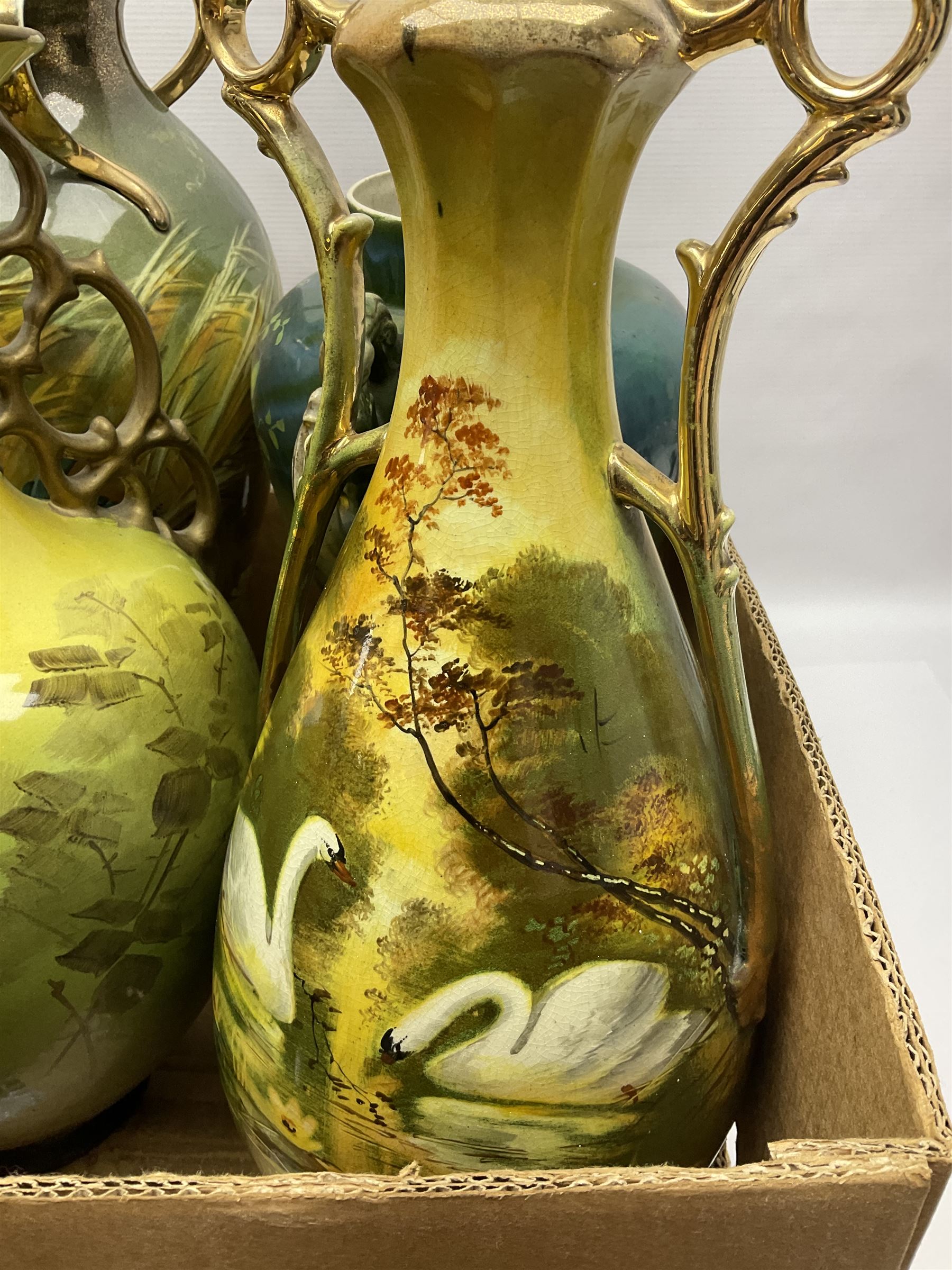 Continental hand painted vase, together with eight large Victorian vases, including some St Louis Artware examples and a pair painted with swans, tallest H50cm