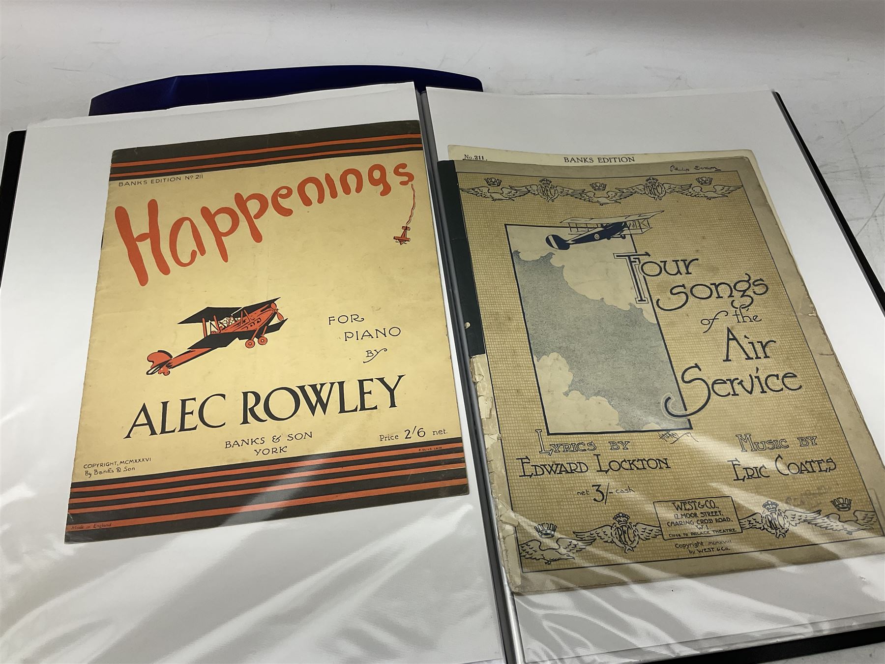 Two albums of Victorian and later sheet music, many with attractive illustrated coloured covers, to include some war and air force related examples to include The Frost Polka, Milk to my Tea, Tour Songs of the Air Service, Silver Wings in the Moonlight, etc, some facsimile