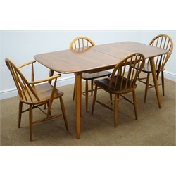  Ercol rectangular extending dining table, tapering supports (W223cm, H72cm, D83cm) and four chairs (2+2)  