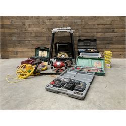 A quantity of power and hand tools including Skilsaw Classic circular saw, Makita 9401 belt sander, Bosch POF 52 router etc