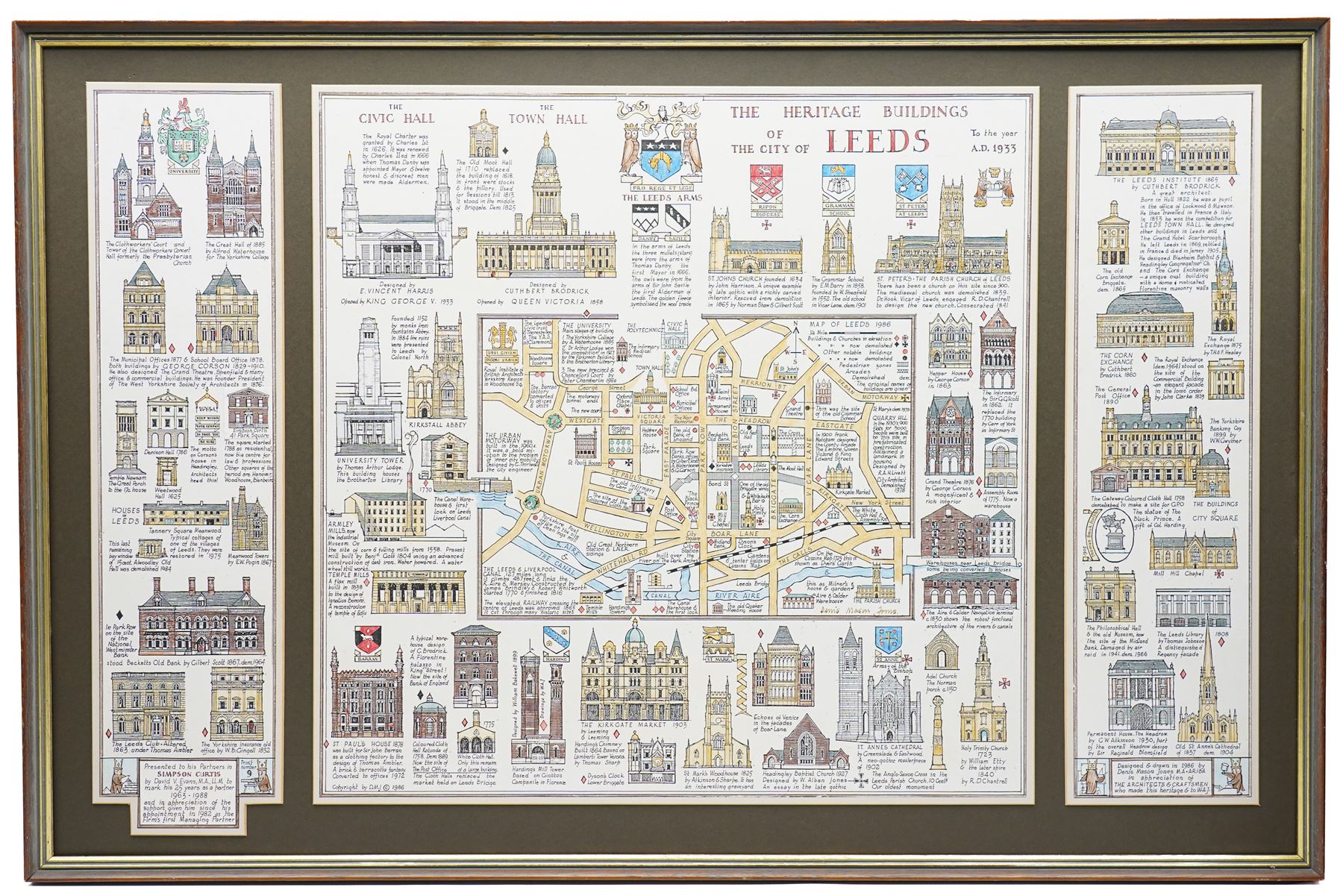 Denis Mason Jones (British 1918-2010): 'The Heritage Buildings of Cambridge' and 'The Heritage Buildings of the City of Leeds', pair pictorial colour maps 45cm x 75cm (2)