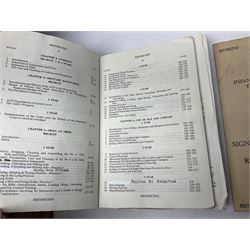 Collection of nineteen British Army booklets 1940s - 1970s including Small Arms Training 1944, various Infantry Training, Cadet Training Manual 1978, Signal Training, Commander's Aide Memoires etc; 1950s blue beret with Yorks Brigade badge; part travelling toilet set in cloth roll; all contained in pine box with webbing straps