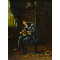  Achille Emmanuel Tanqueray (French 19th century): Young Man Reading in a Library, oil on board signed 39cm x 29cm  