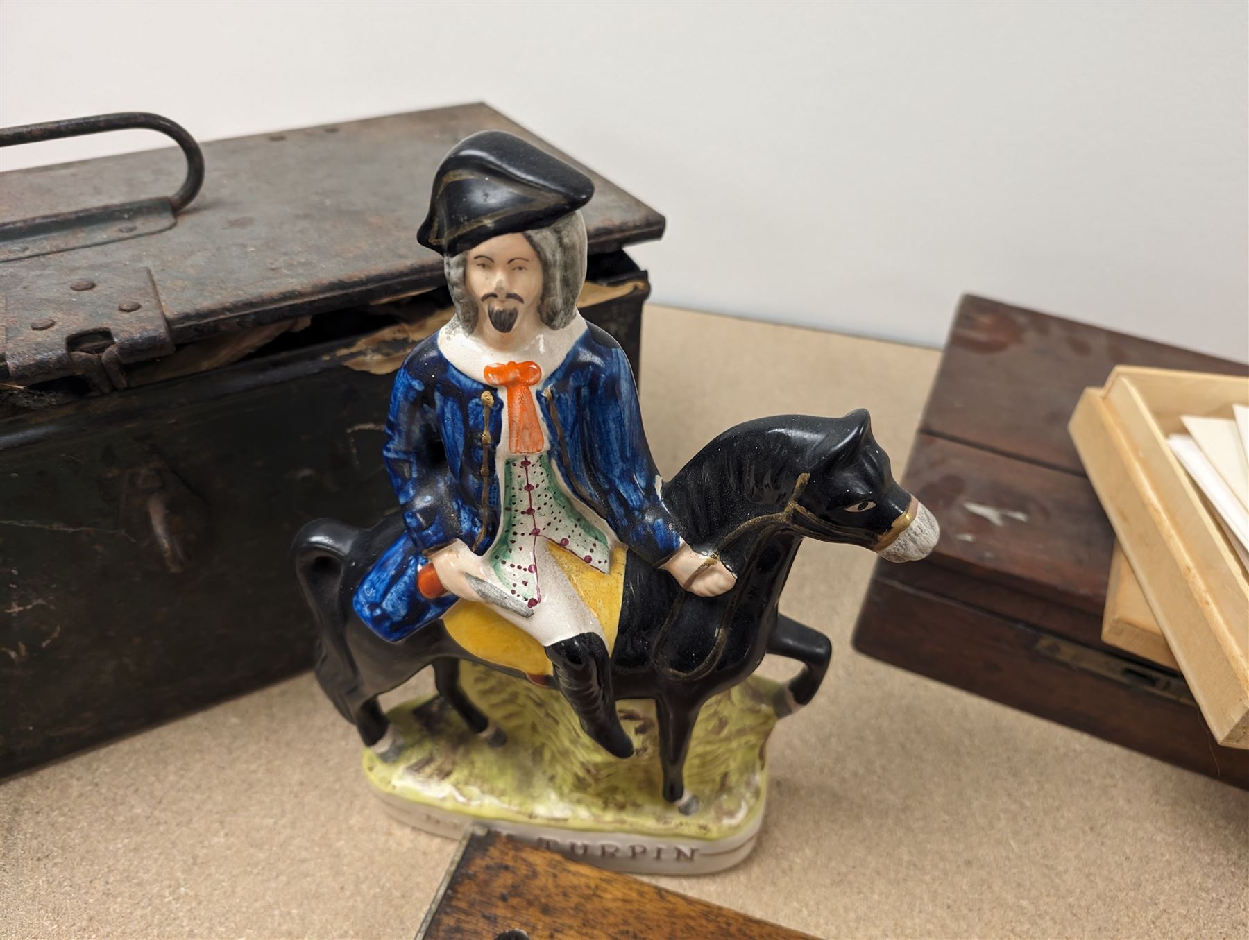 Staffordshire style Dick Turpin figure, wooden box, metal box, Rabone & Sons level, first day covers and other stamps