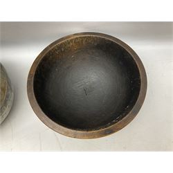 19th century pole lathe turned sycamore bowl, the interior housing lead liner, the exterior decorated with bands of deep grooves, D28cm