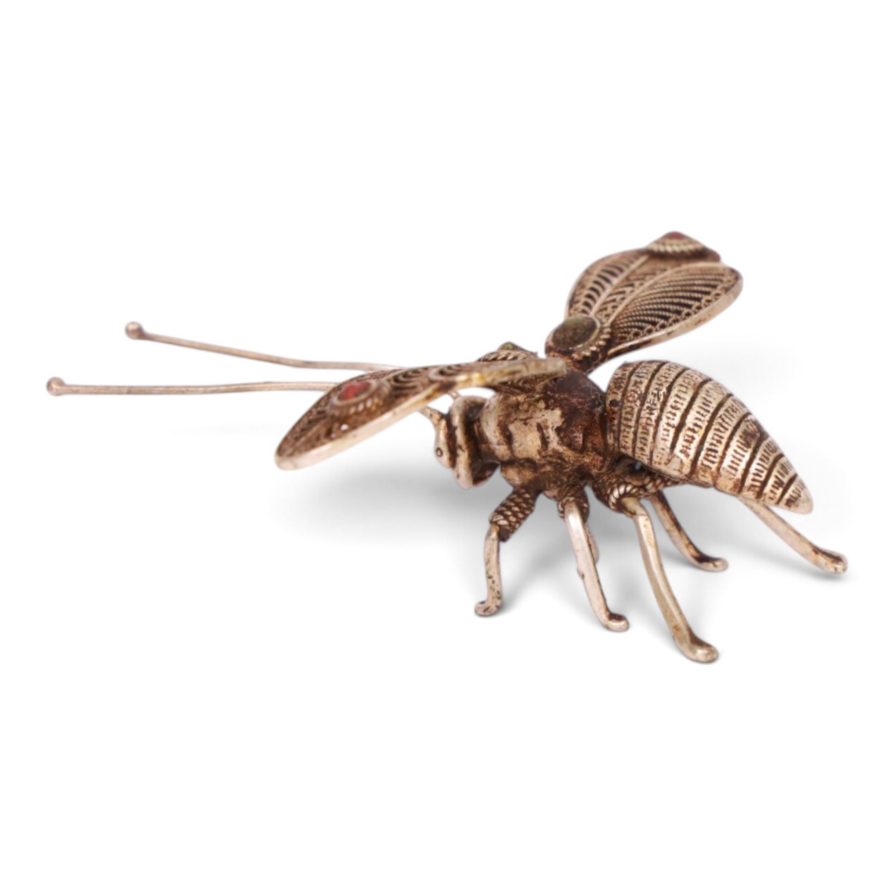 Two filigree insects, modelled as a butterfly and hornet, with decorative stones applied to the wings, butterfly L9cm
