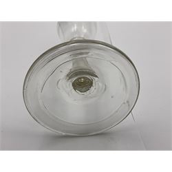 18th century wine glass, the trumpet shaped bowl upon tear drop stem and conical folded foot, H15.5cm, together with an 18th century cordial glass, the round funnel bowl on plain knopped stem and folded conical foot