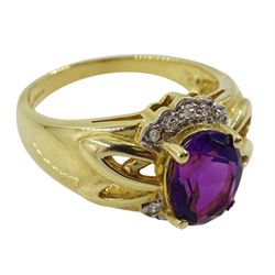 9ct gold oval amethyst and diamond chip ring, hallmarked