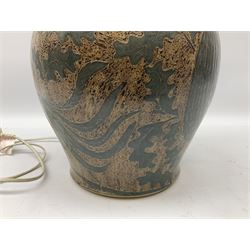 Stoneware lamp of baluster form decorated with birds and oak leaves, in sage green and oatmeal colourway, H63cm incl fitting