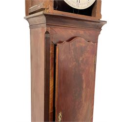 John Mudge of London – mahogany 8-day longcase clock with a break arch top c 1800, shallow cornice surround and circular glazed hood door, trunk with reeded, canted corners and wavy topped trunk door, square plinth raised on bracket feet,  silvered sheet dial with engraved Roman numerals, five-minute Arabic’s and minute track, with pierced steel hands and seconds dial, two train rack striking movement with a recoil anchor escapement. With weights and pendulum.