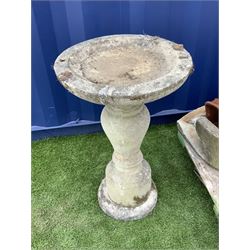Composite stone circular bird bath on baluster pedestal (H73cm), five circular composite stone stepping/pathway stones with sun decoration, bench ends, pots etc.
 - THIS LOT IS TO BE COLLECTED BY APPOINTMENT FROM DUGGLEBY STORAGE, GREAT HILL, EASTFIELD, SCARBOROUGH, YO11 3TX