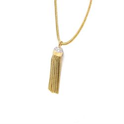 18ct gold diamond tassel pendant necklace, the white gold dome top pave set with twenty single cut diamonds, suspending a thirty-seven foxtail link strands, on a foxtail link chain necklace, total diamond weight approx 1.60 carat