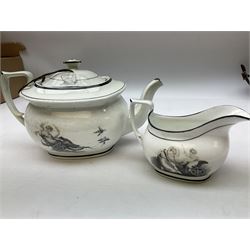 Early 19th century Staffordshire bat printed part tea service, decorated in black after Adam Buck with scenes of mother and child and other varying classical style scenes, within black bands, comprising teapot, slop bowl, jug, seven teacups and five saucers 