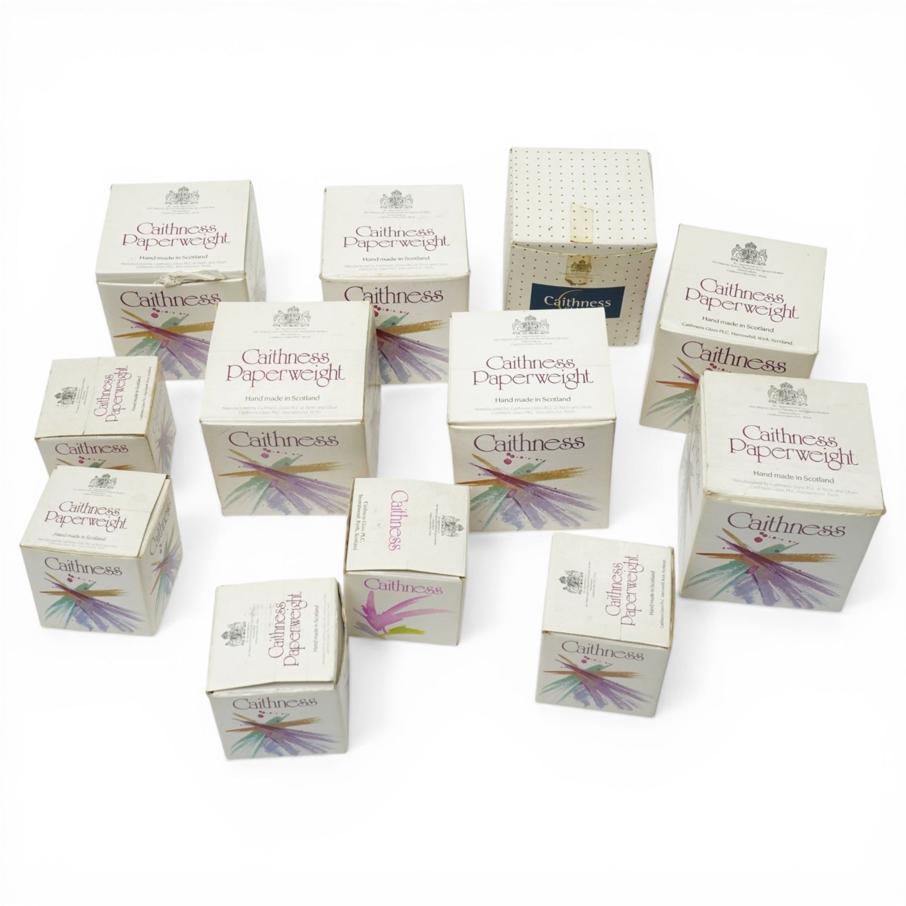 Seven Caithness large glass paperweights including Utopia 143/650, Messenger 40/750, Intrigue 513/750, Fascination etc and five smaller including Trapeze, Reflections etc all boxed