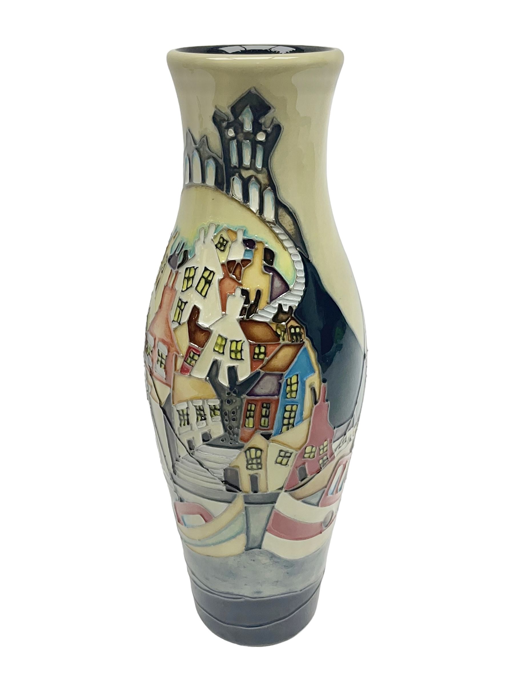 Moorcroft Whitby Harbour vase, 2017, trial vase of slender baluster form, tubelined and painted in bright colours with a view of Whitby town and harbour, impressed and painted marks beneath, H26cm 