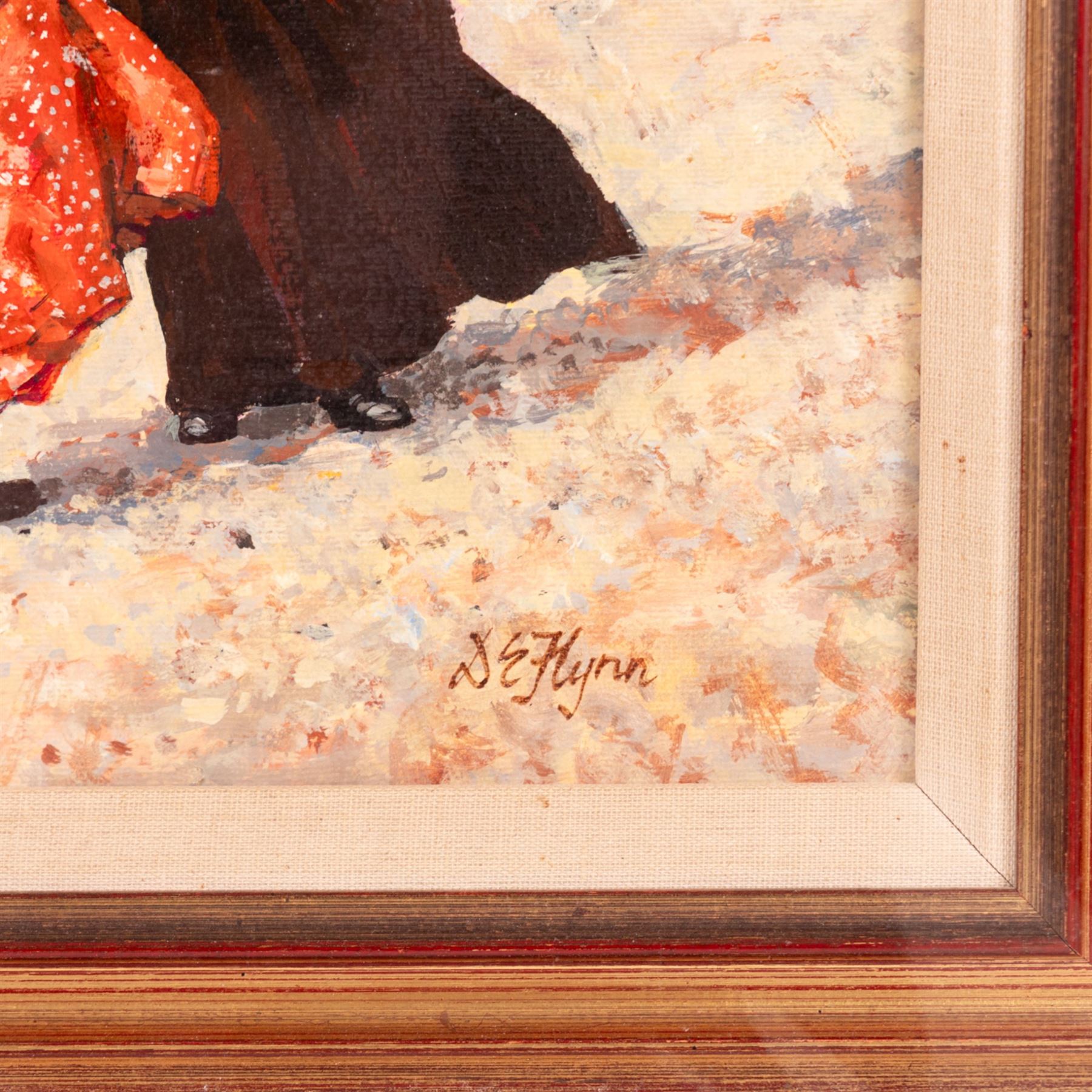 Dianne Elizabeth Flynn (Northern British 1939-): Ladies on a Windy Beach, oil on canvas signed 29cm x 39cm 
Provenance: with The Unicorn Gallery, Wilmslow, label verso