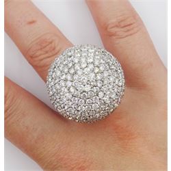 Palladium pave set round brilliant cut diamond ball ring, hallmarked, total diamond weight approx 15.00 carat