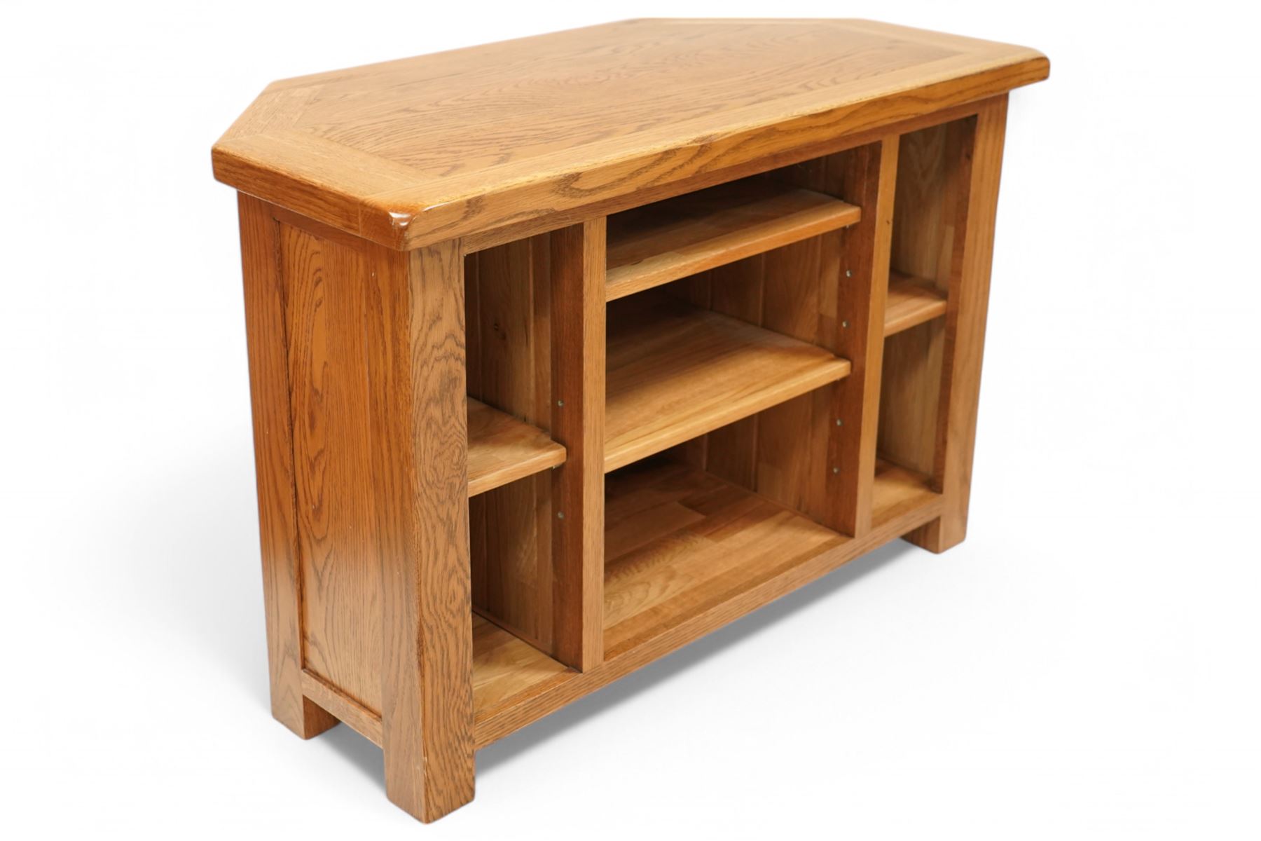 Oak corner television or media stand, fitted with adjustable shelves 